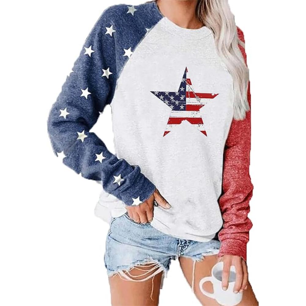Baseball Stitch Print Pullover Sweatshirt Patriotic Star Sweatshirt