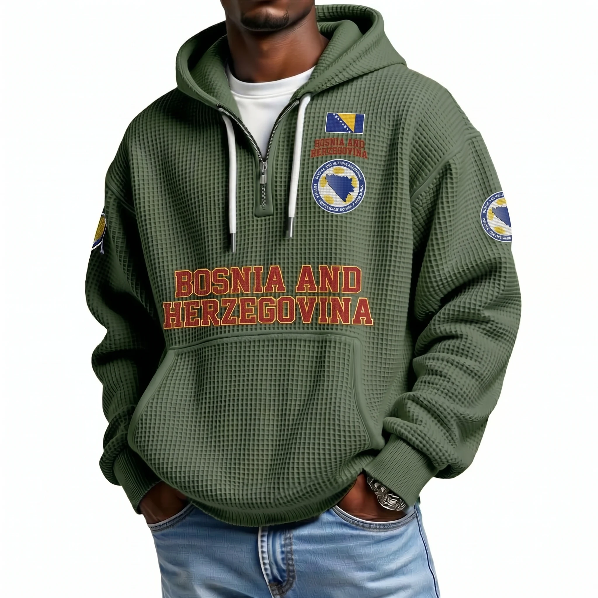 Bosnia and Herzegovina Printed Waffle Quarter Zip Football Fan Hoodie