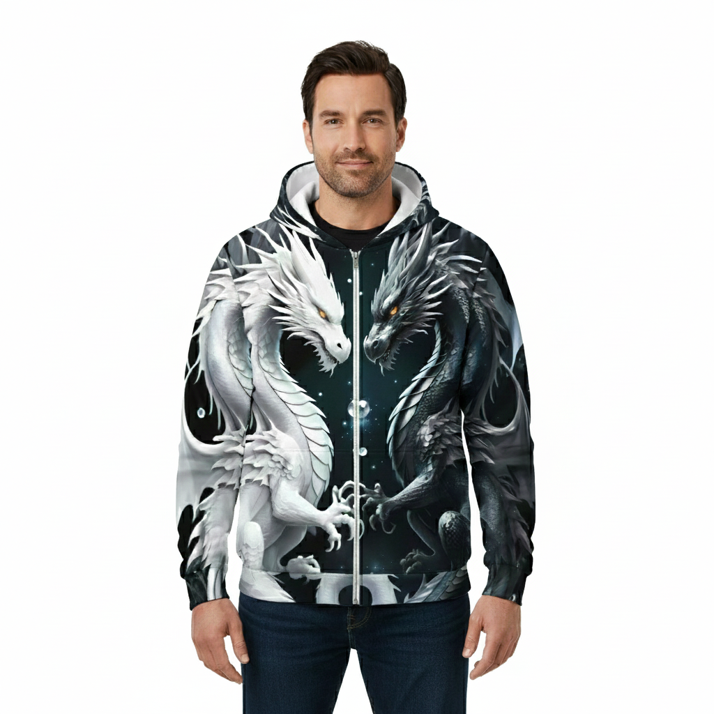 Dragon Print Zipper Hoodie for Men