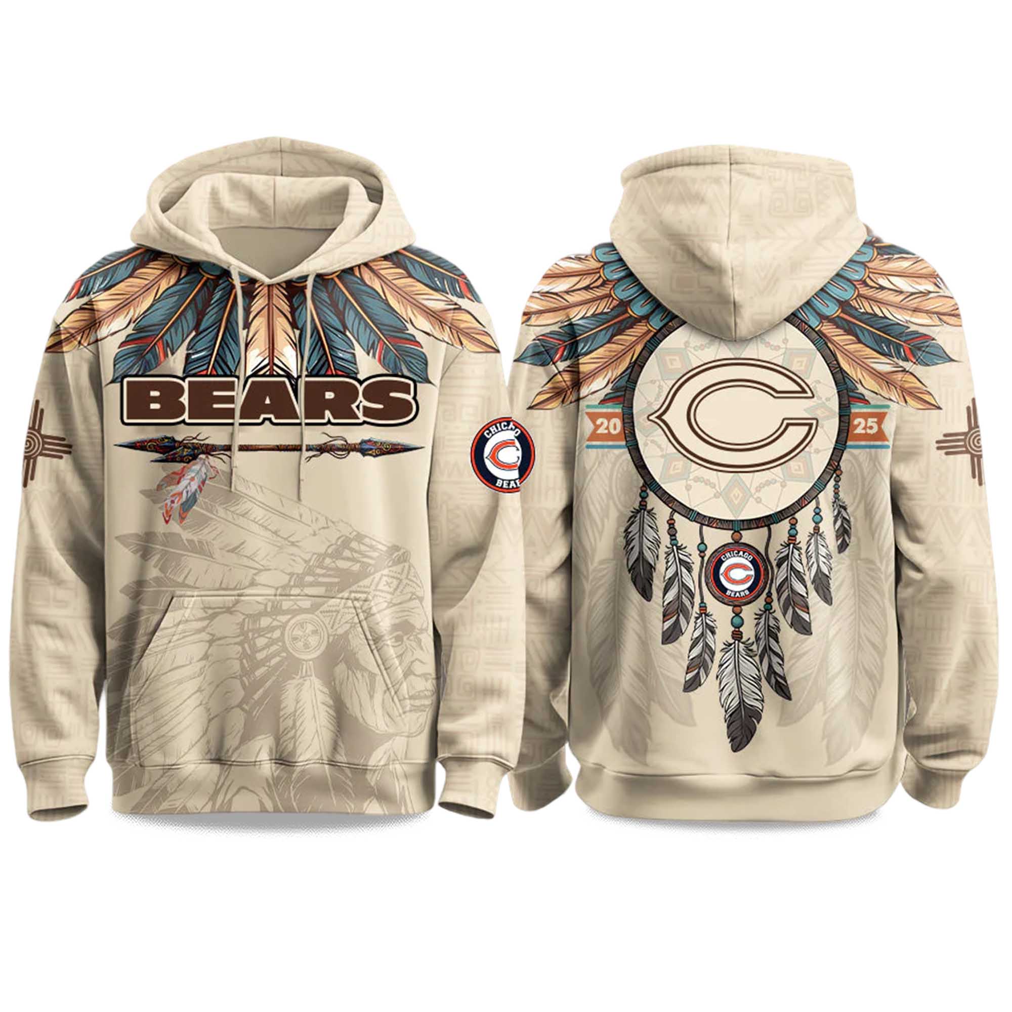 Native Heritage Themed Inspired Chicago Bears Football Fan Pullover Hoodie