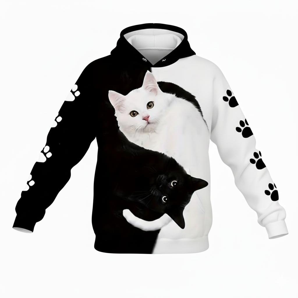 Cat Print Hooded Long Sleeve Graphic Hoodie Style