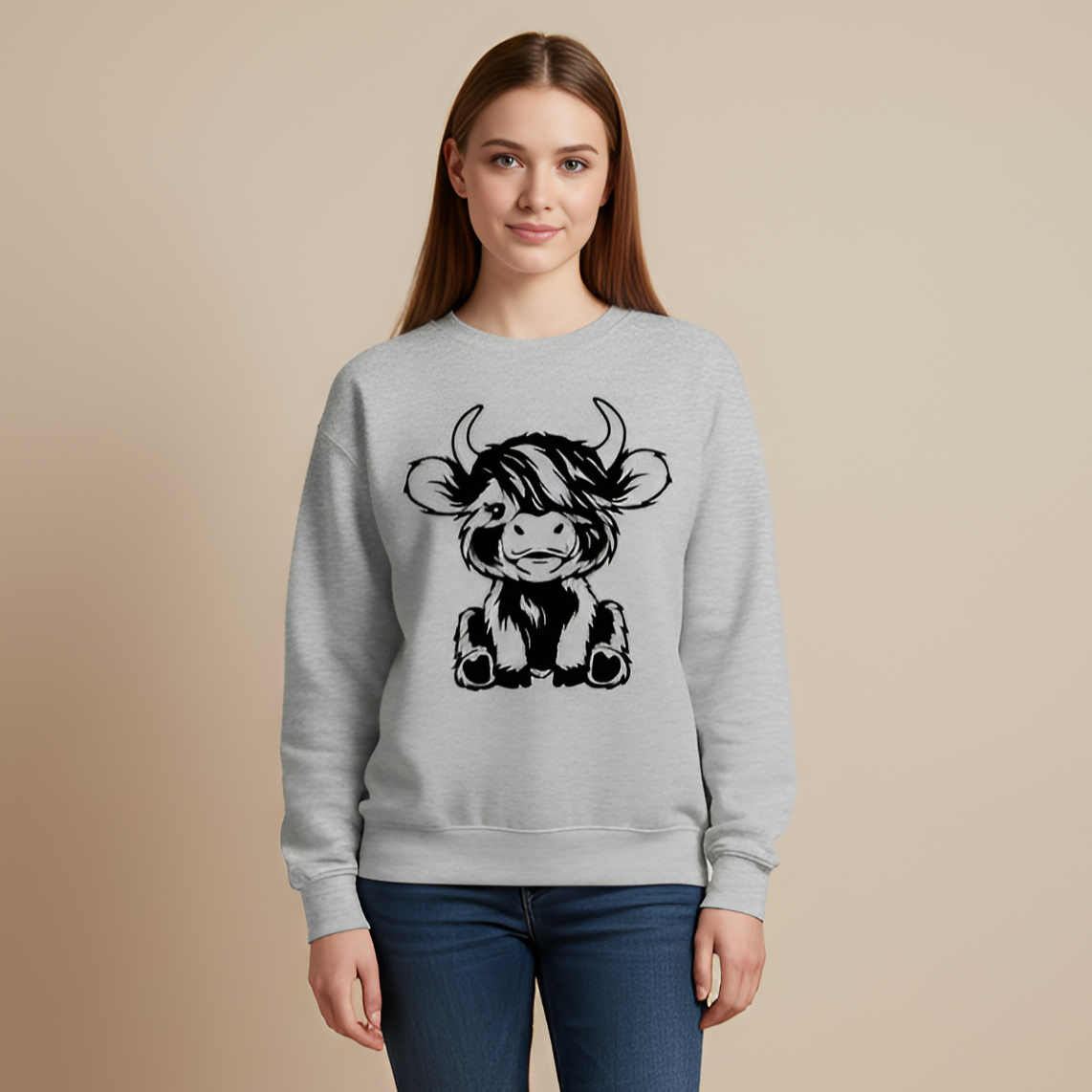 Plus Size Casual Highland Cow Graphic Print Sweatshirt