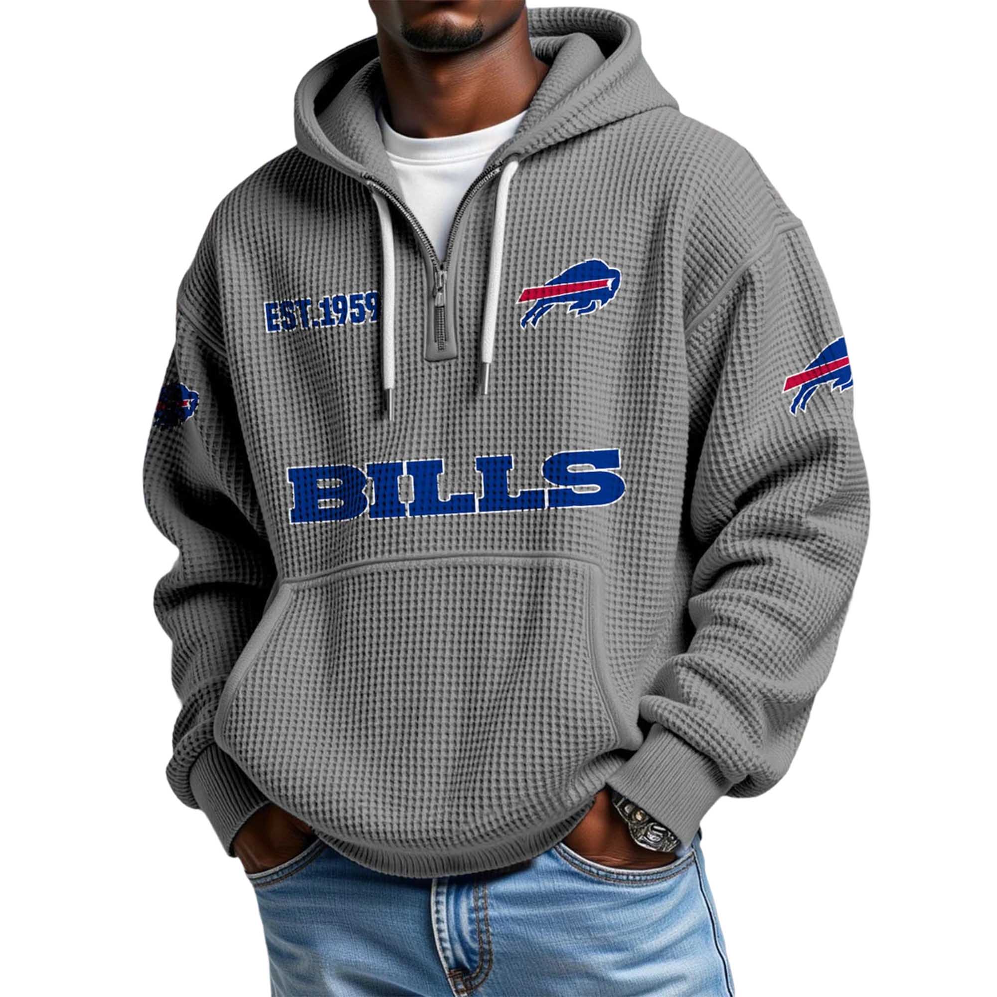 Buffalo Bills EST 1959 Printed Waffle Quarter Zip Football Fan Hoodie