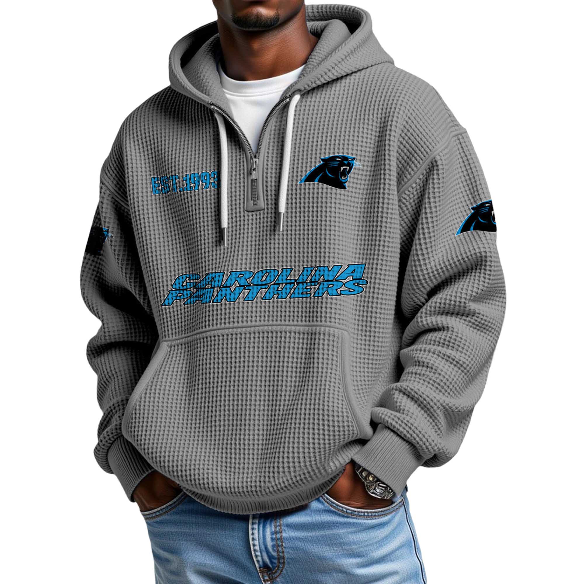 Carolina Panthers EST 1993 Printed Quarter Zip Waffle Football Fan Hoodie