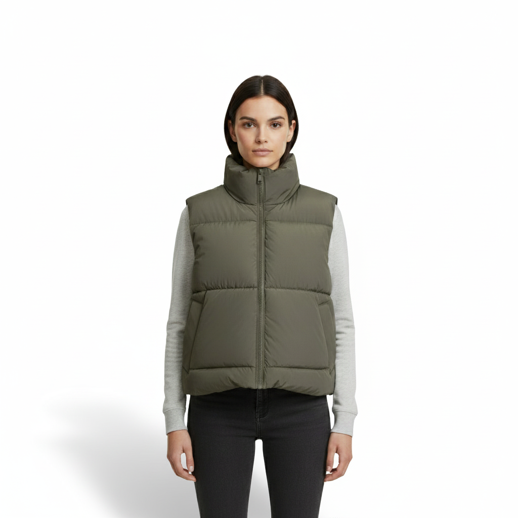 Puffer Vest with High Collar and Zipper Closure