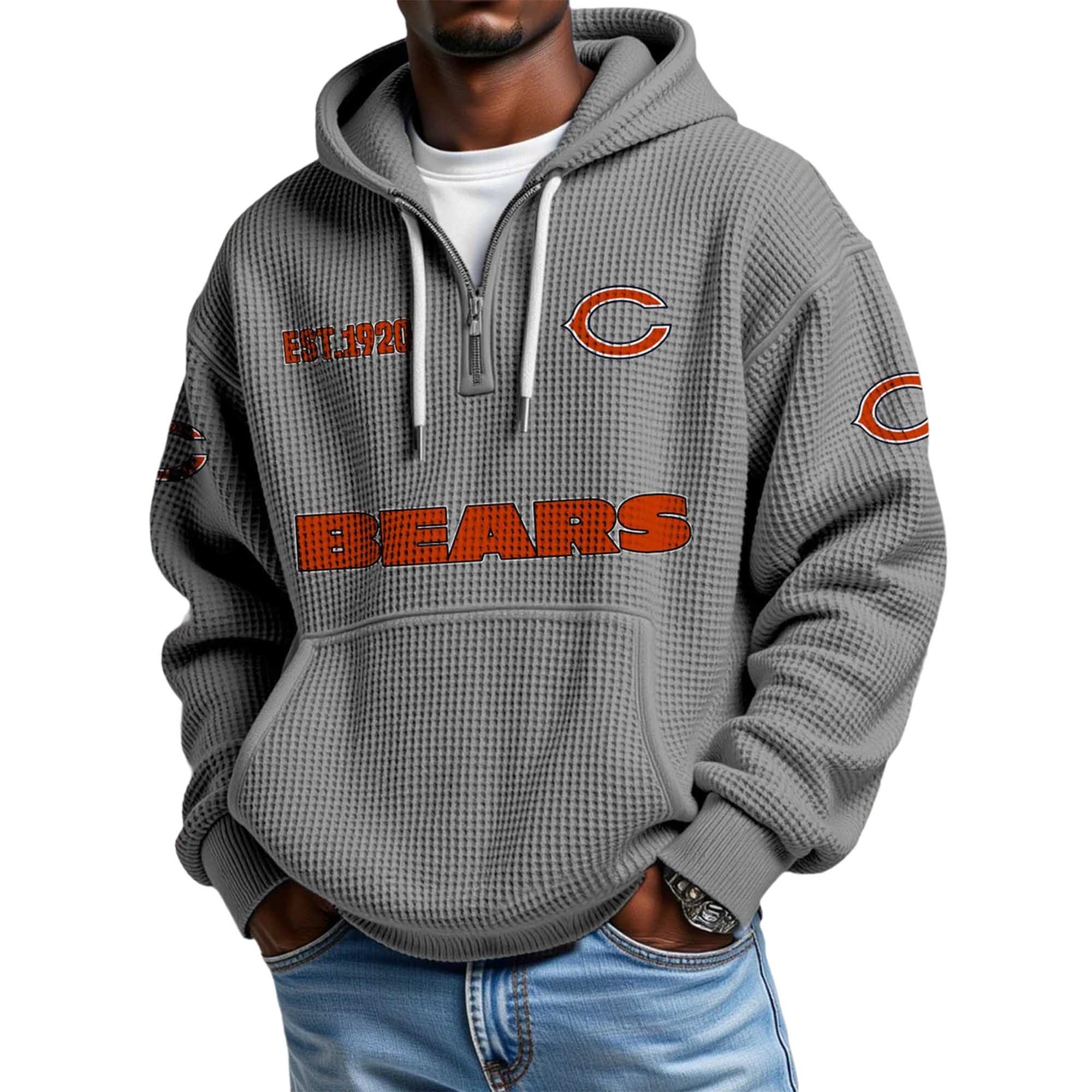 Chicago Bears EST 1920 Printed Quarter Zip Waffle Football Fan Hoodie