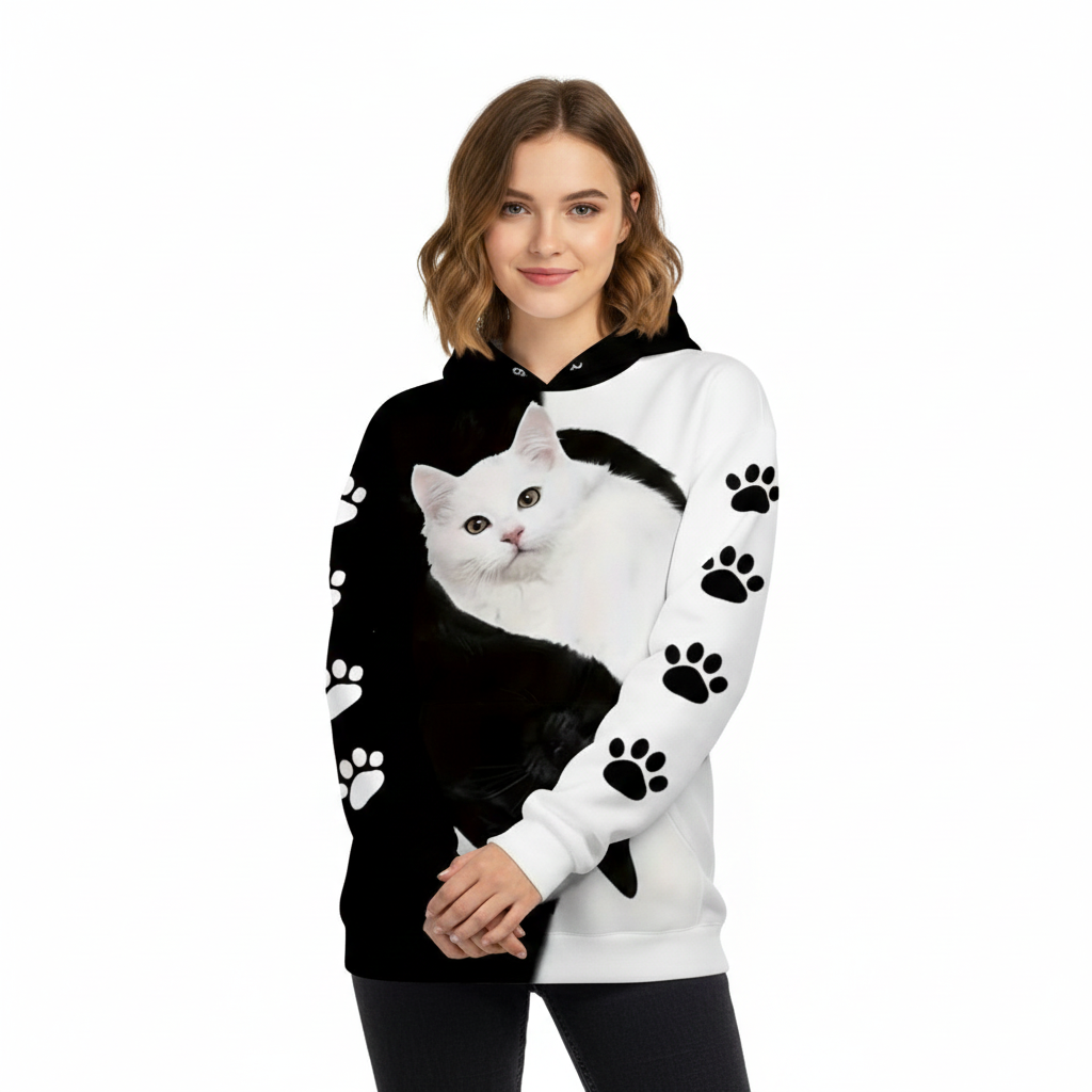 Cat Print Hooded Long Sleeve Graphic Hoodie Style