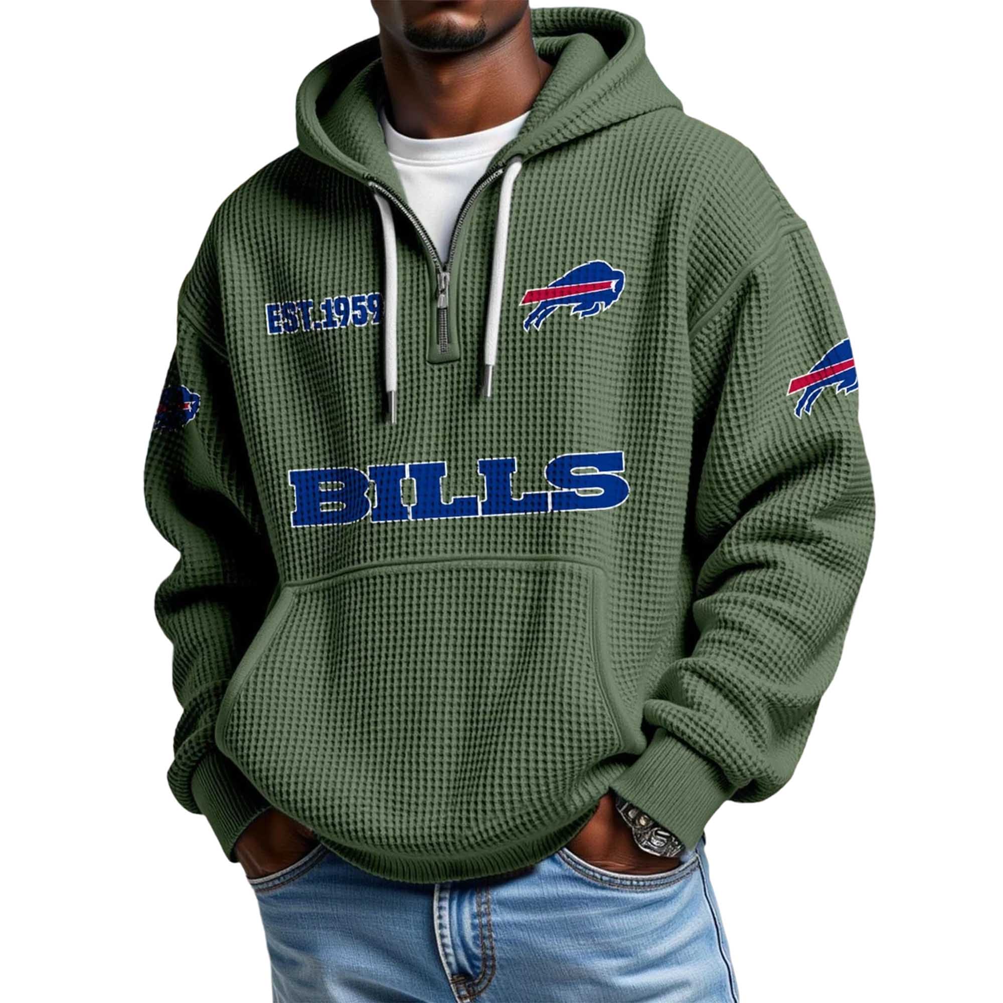Buffalo Bills EST 1959 Printed Waffle Quarter Zip Football Fan Hoodie