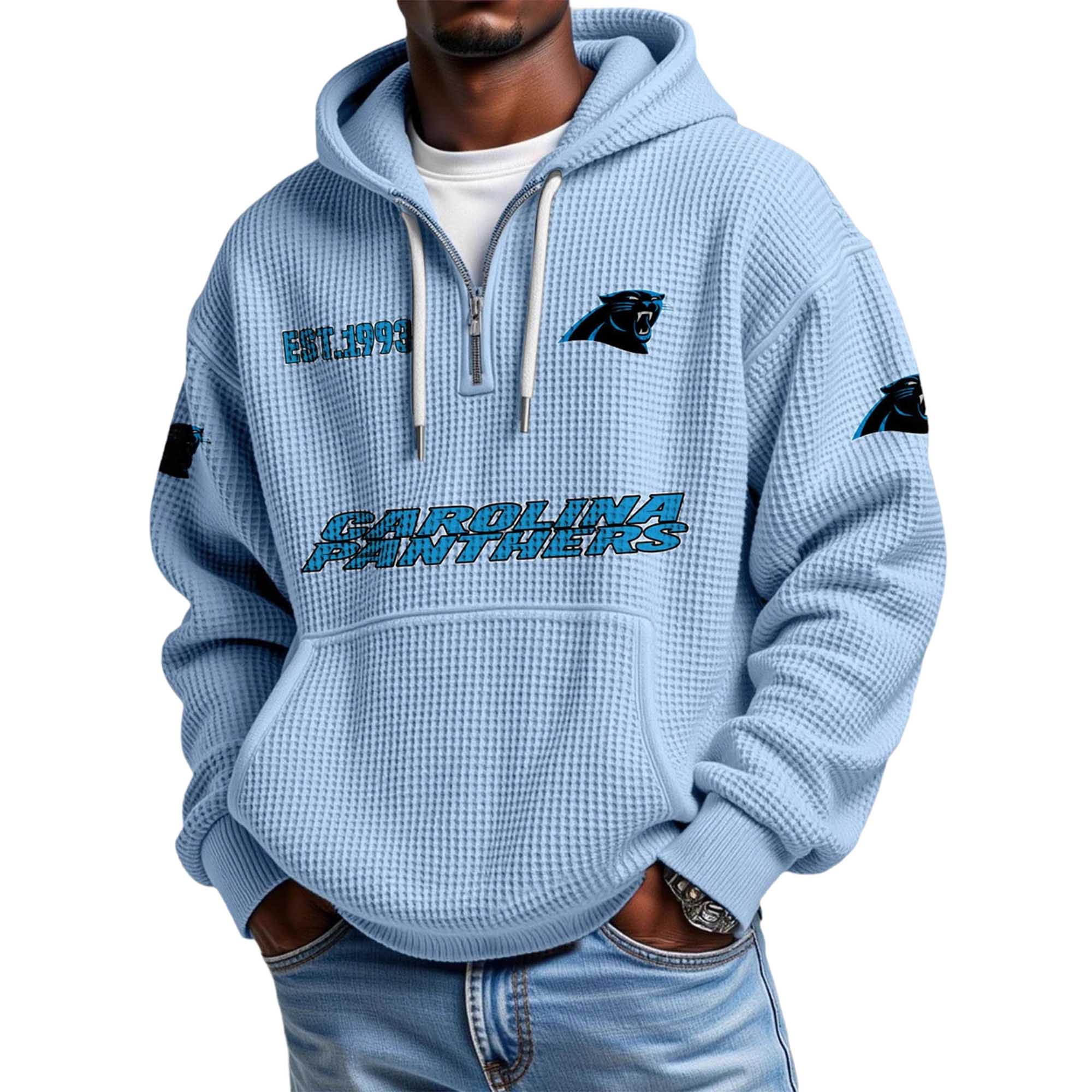 Carolina Panthers EST 1993 Printed Quarter Zip Waffle Football Fan Hoodie