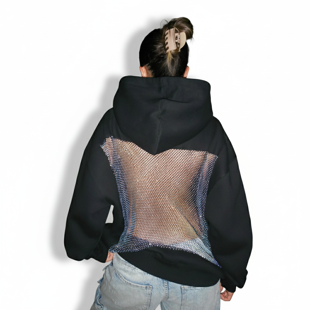 Fashionable Backstage Hoodie With Crystal Mesh Detail