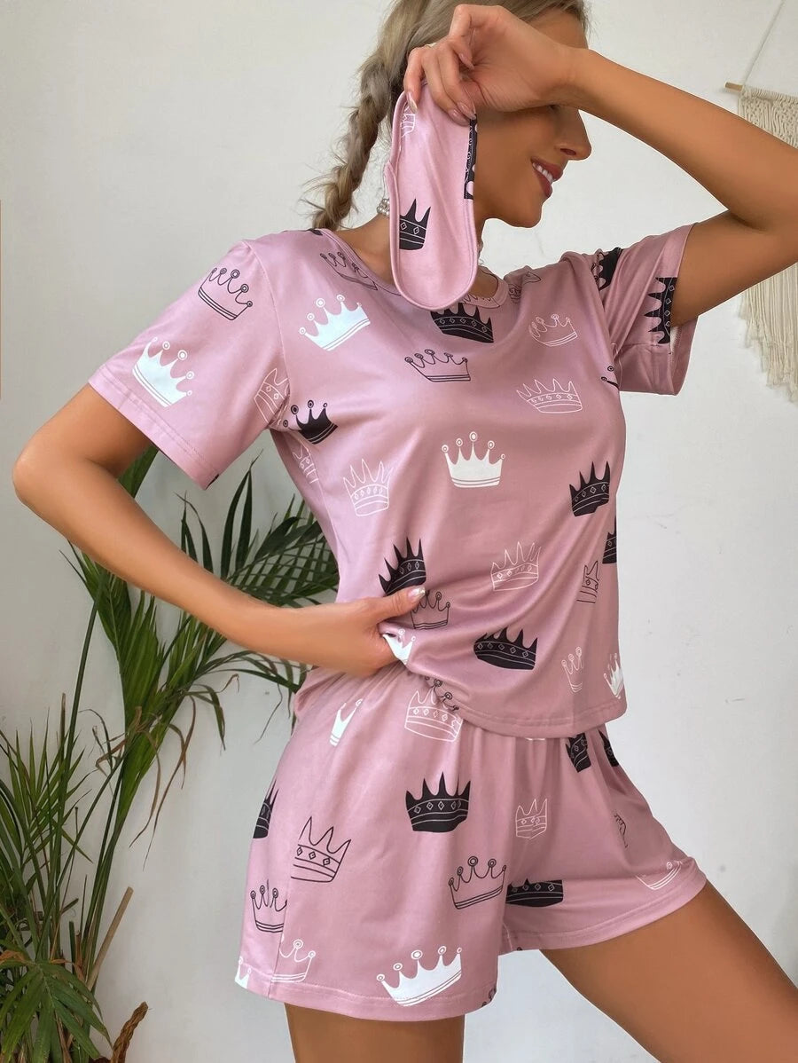 All Over Graphic Print Tee And Shorts Set-Soco Hoodie