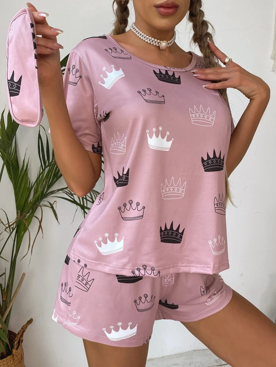 All Over Graphic Print Tee And Shorts Set-Soco Hoodie