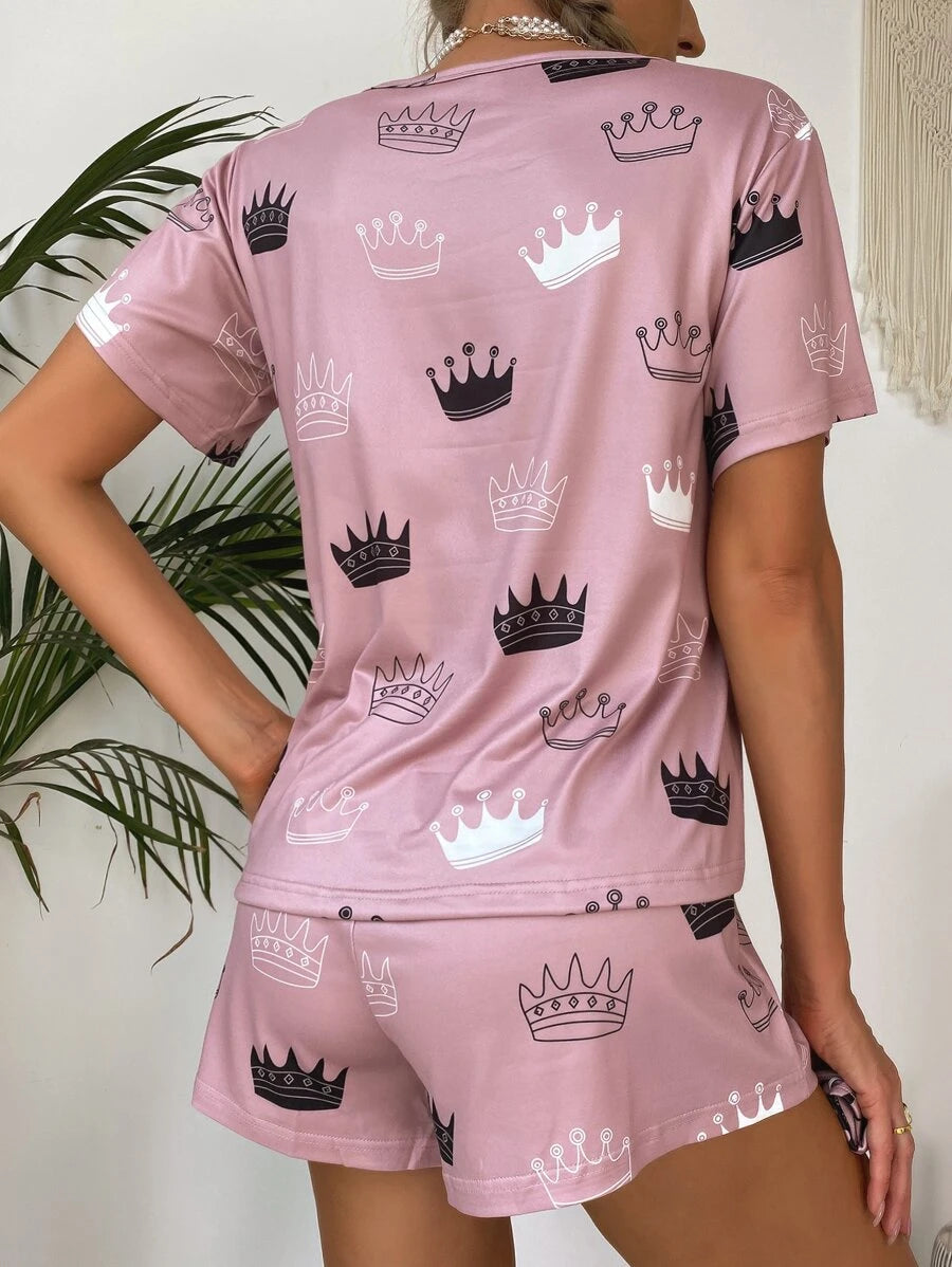 All Over Graphic Print Tee And Shorts Set-Soco Hoodie