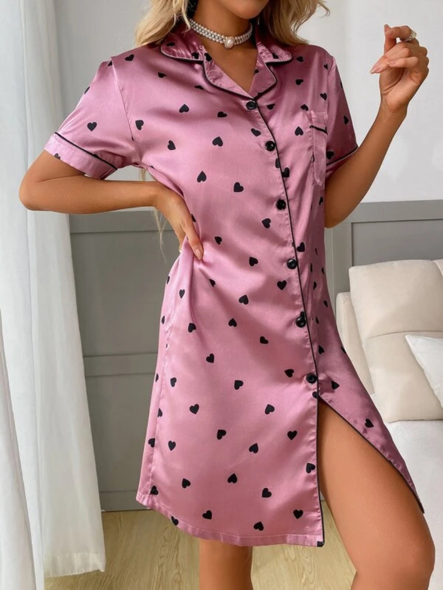 Allover Print Contrast Piping Satin Nightdress-Soco Hoodie