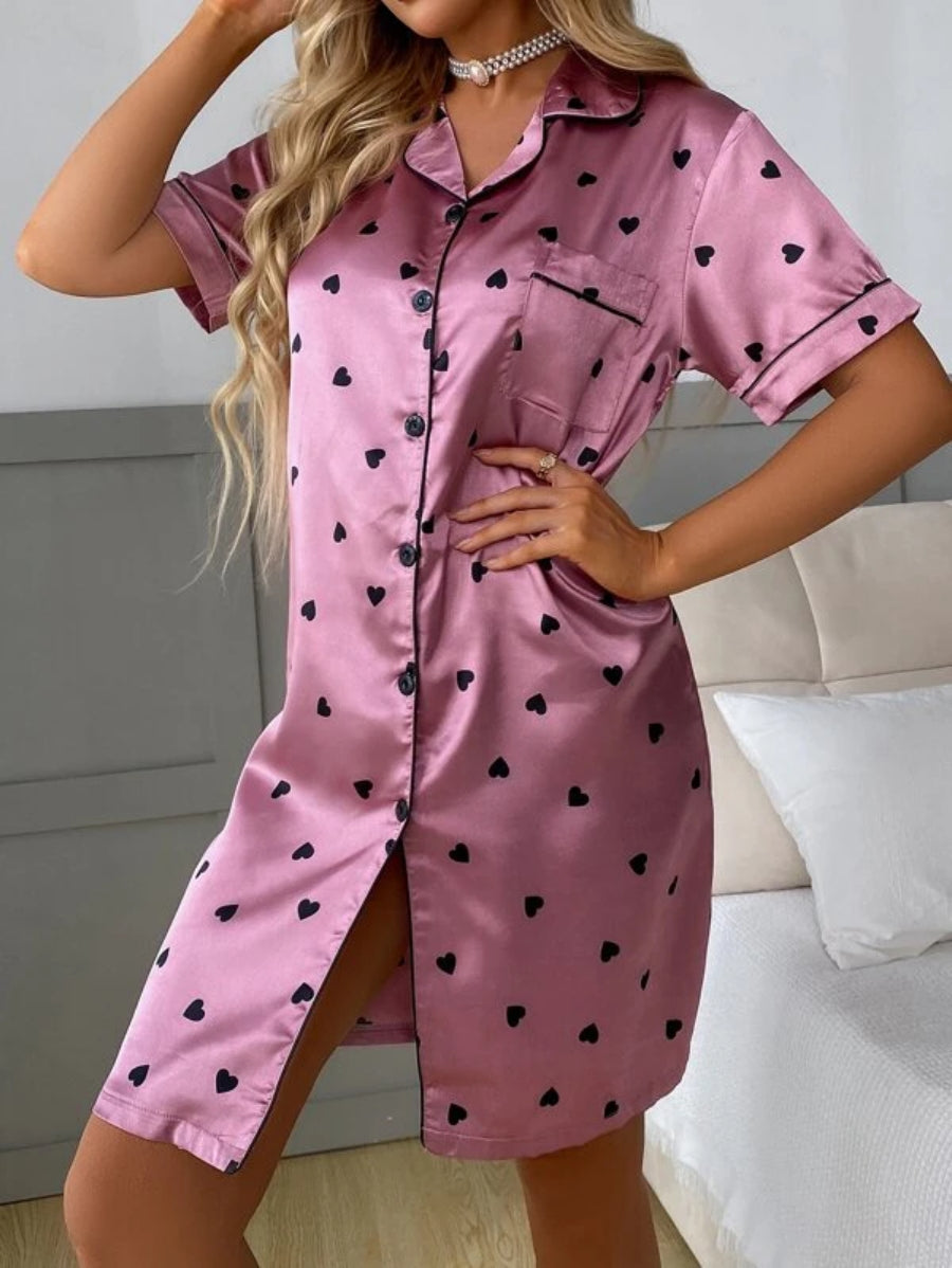 Allover Print Contrast Piping Satin Nightdress-Soco Hoodie