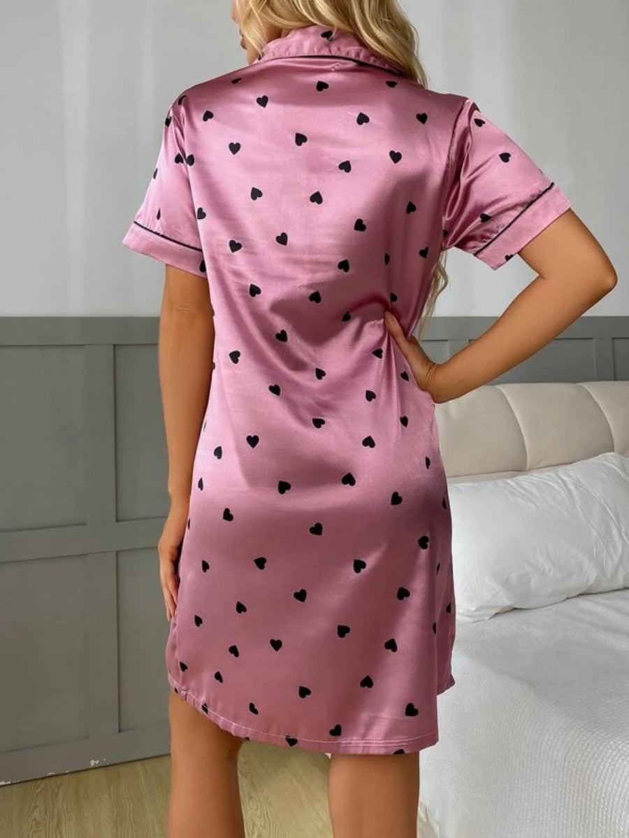 Allover Print Contrast Piping Satin Nightdress-Soco Hoodie