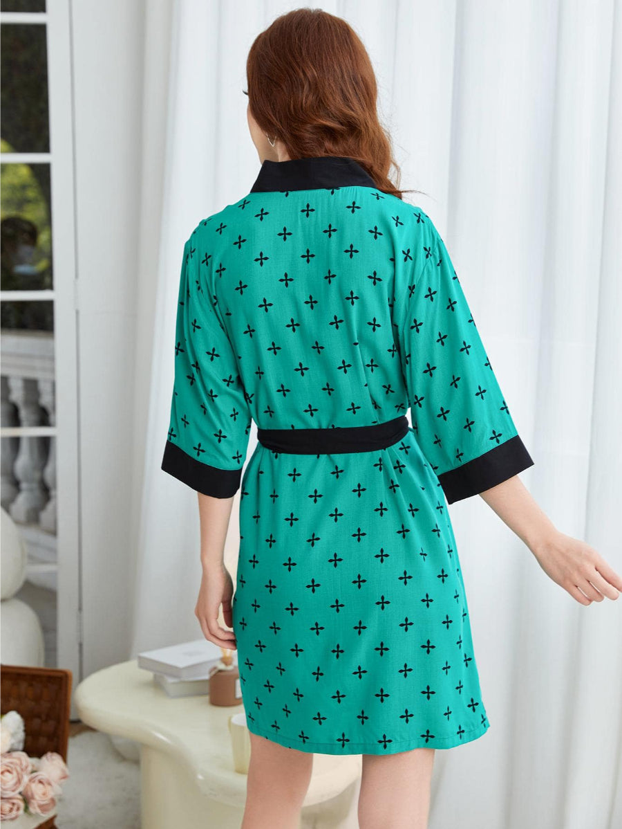 Allover Print Contrast Trim Belted Robe-Soco Hoodie