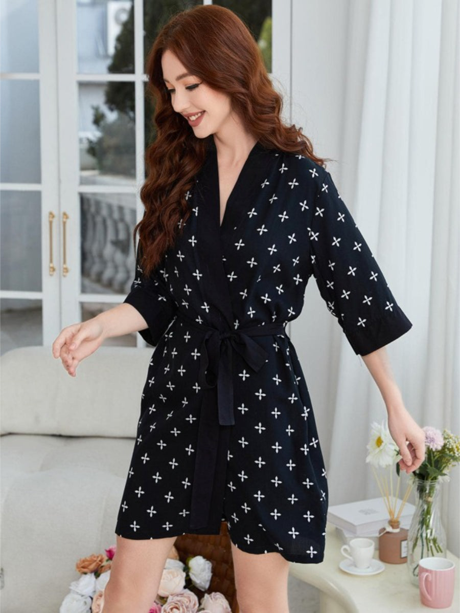 Allover Print Contrast Trim Belted Robe-Soco Hoodie