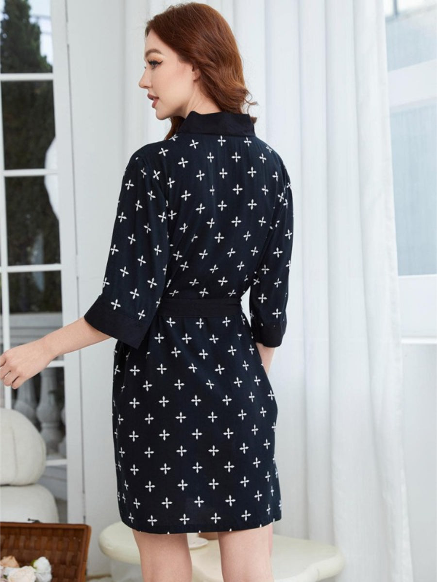 Allover Print Contrast Trim Belted Robe-Soco Hoodie