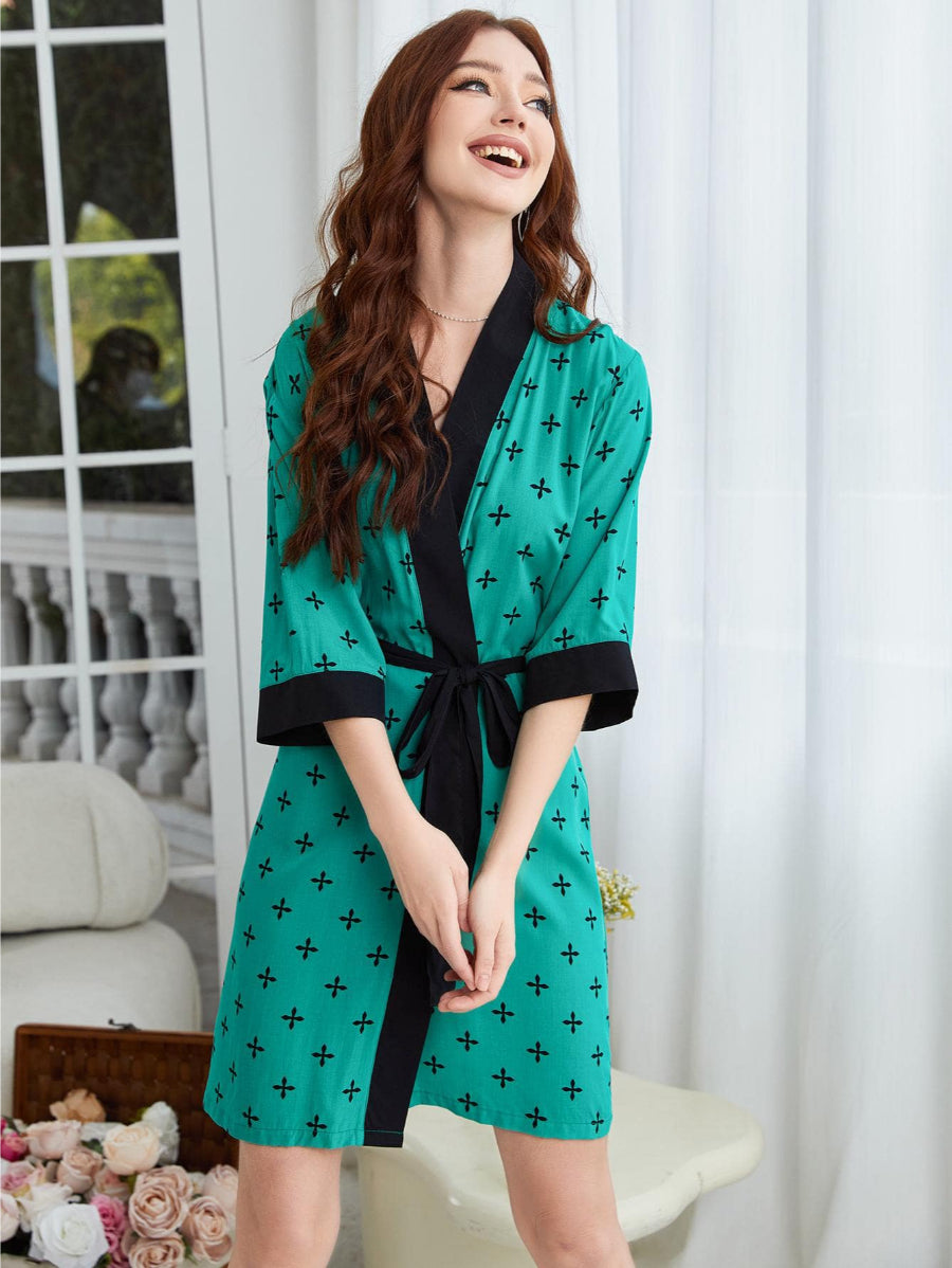 Allover Print Contrast Trim Belted Robe-Soco Hoodie