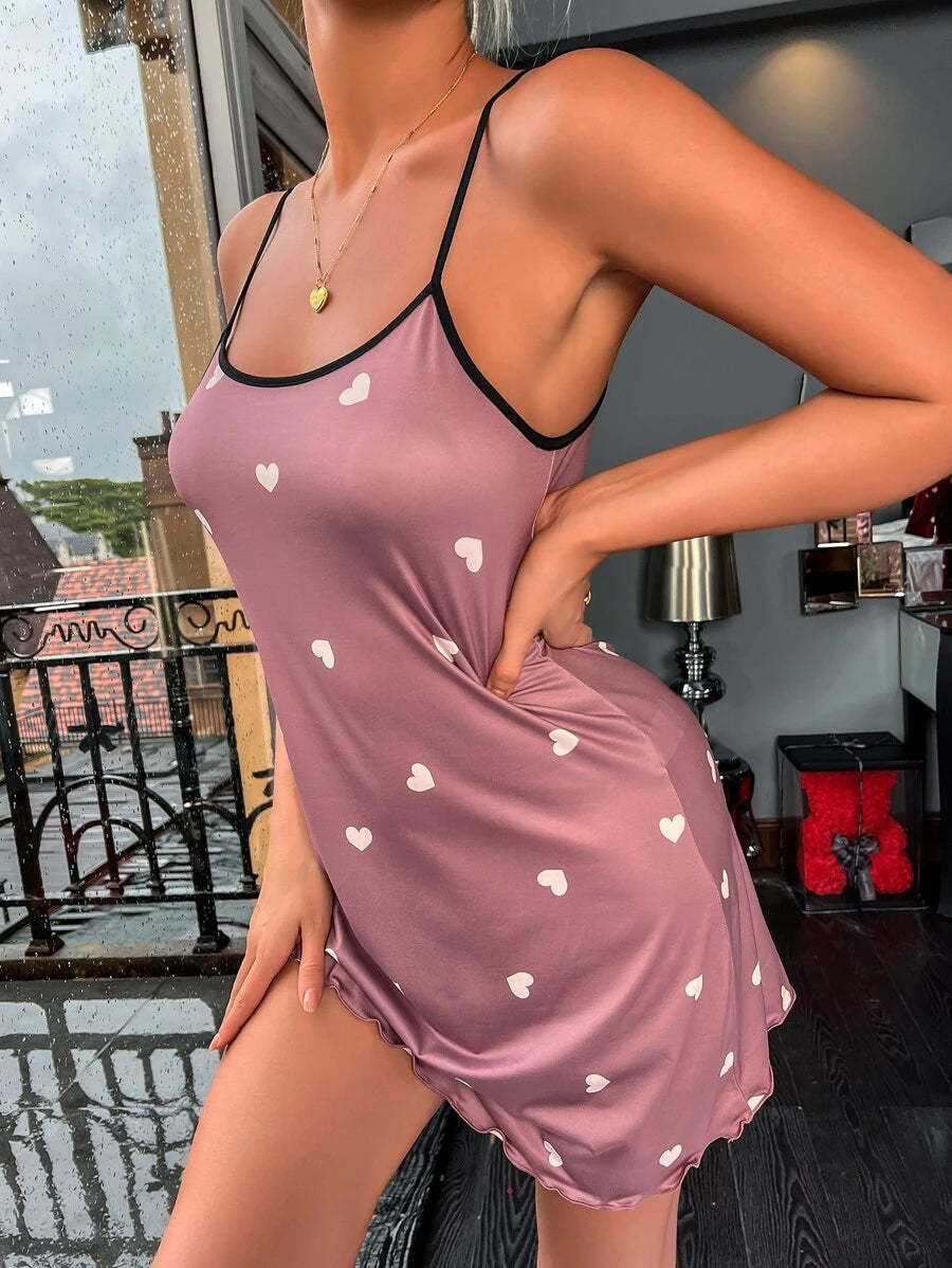 Allover Print Lettuce Trim Cami Night Dress-Soco Hoodie