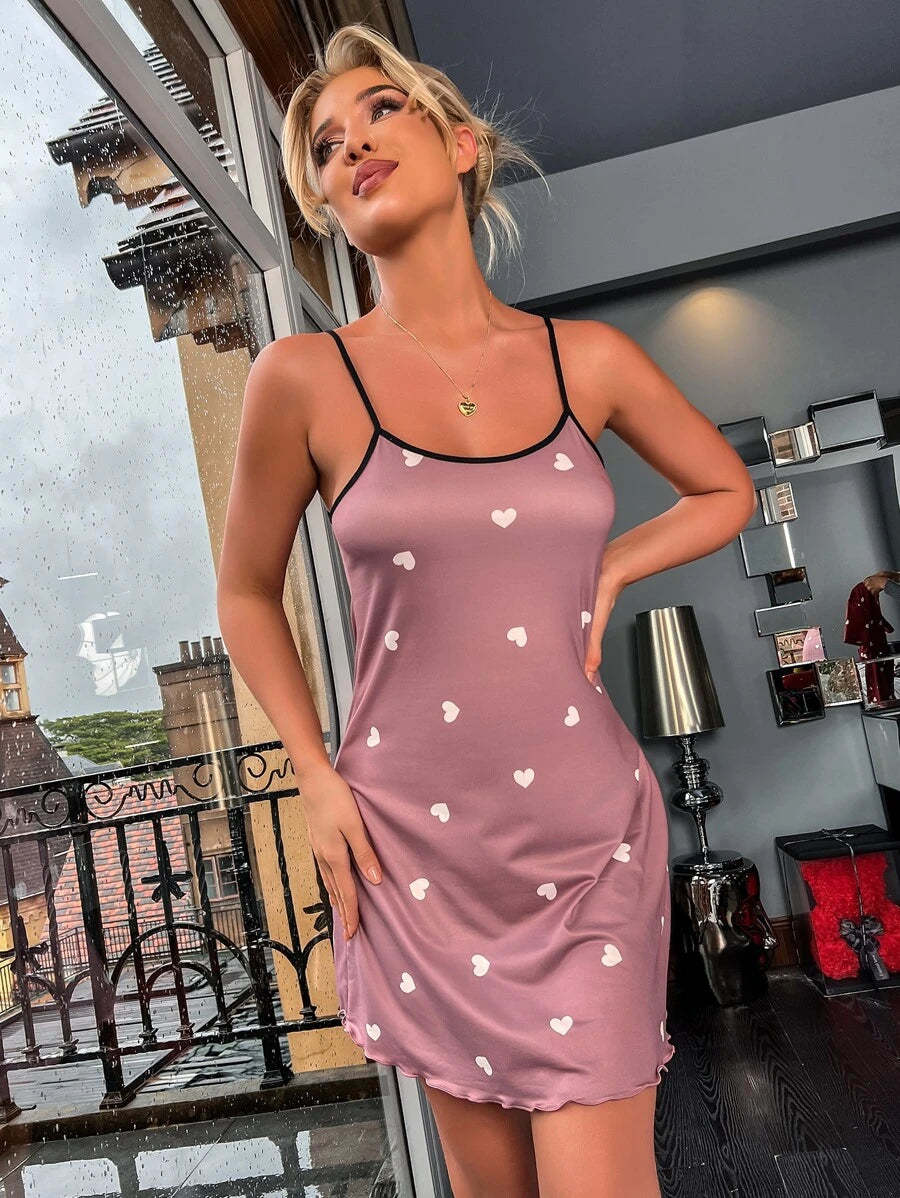 Allover Print Lettuce Trim Cami Night Dress-Soco Hoodie