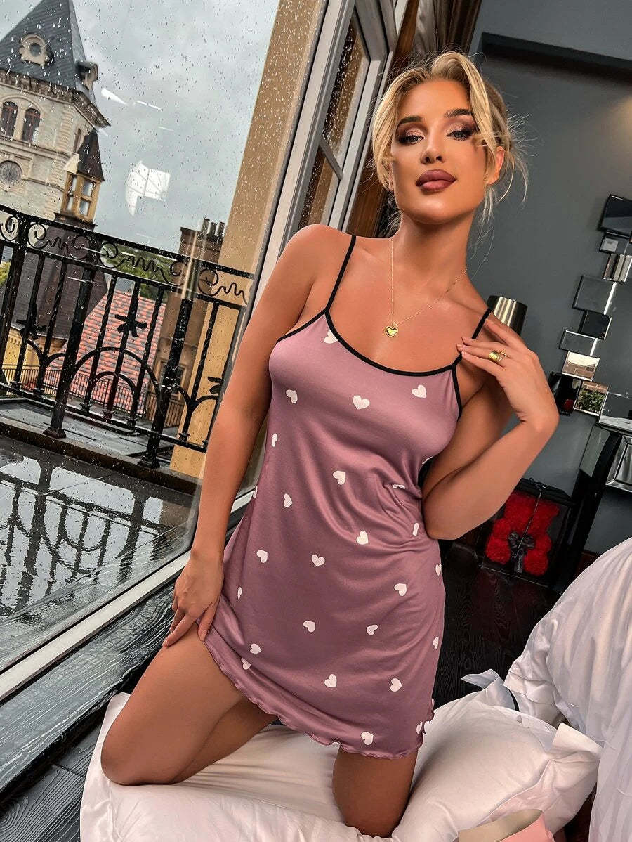 Allover Print Lettuce Trim Cami Night Dress-Soco Hoodie