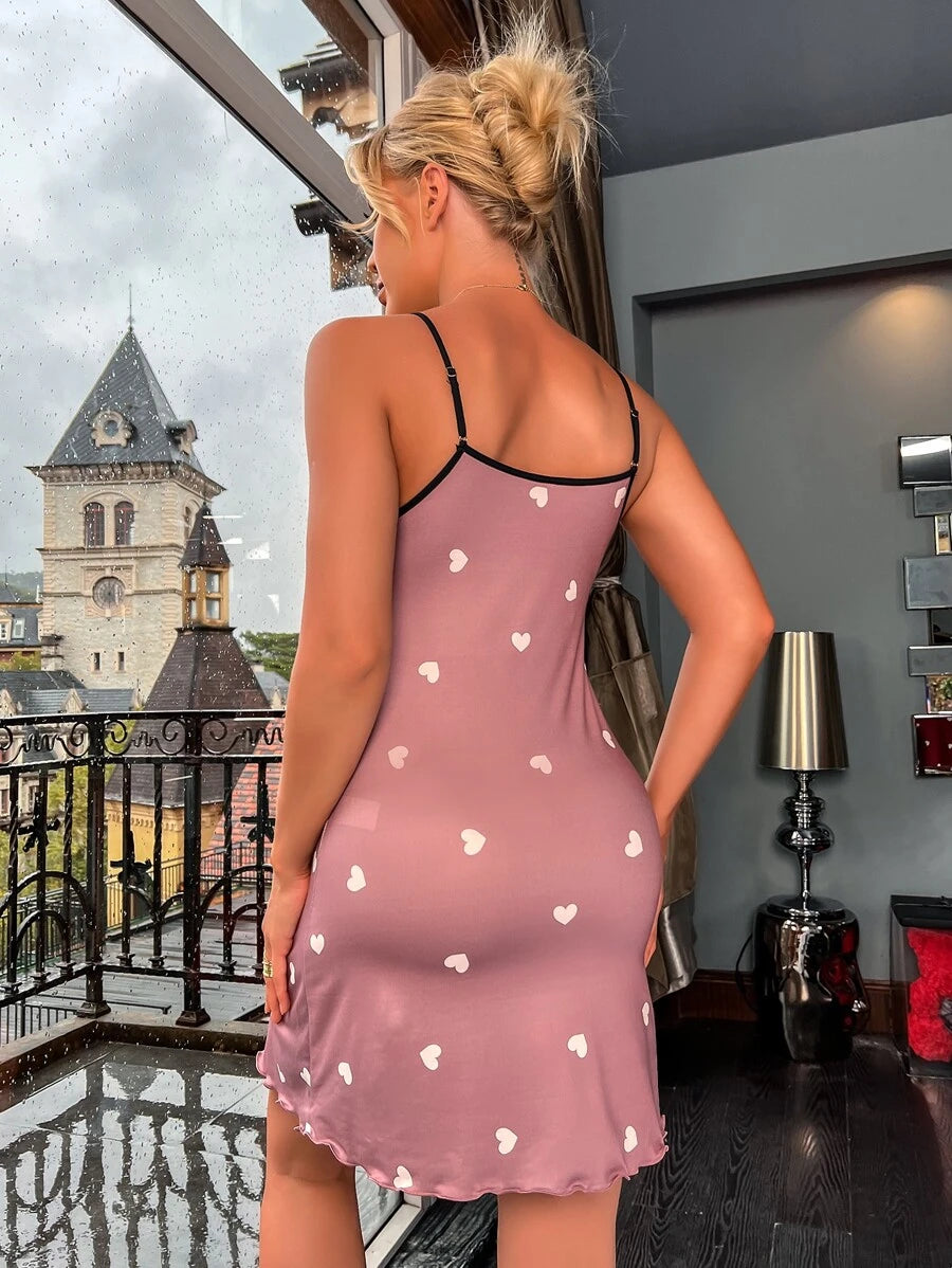 Allover Print Lettuce Trim Cami Night Dress-Soco Hoodie