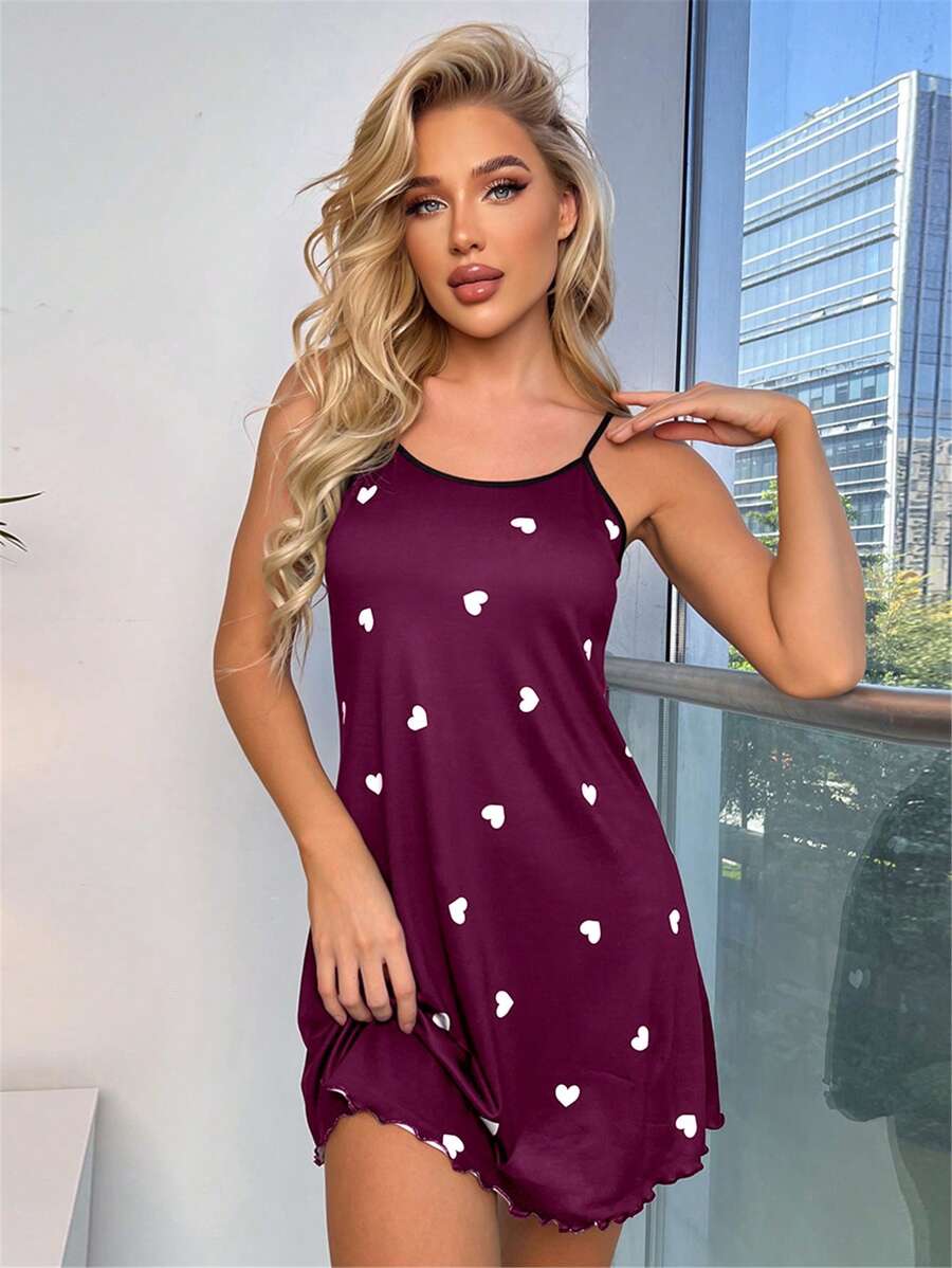 Allover Print Lettuce Trim Cami Night Dress-Soco Hoodie