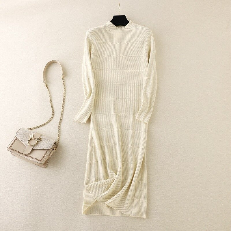 Mock Neck Slim A-Line Sweater Dress-Soco Hoodie
