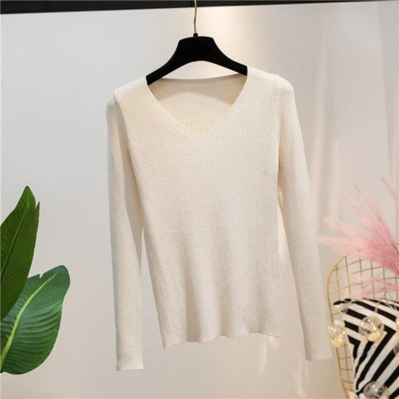 V-Neck Knitted Long-Sleeved Slim Tight Pullover For Women-Soco Hoodie