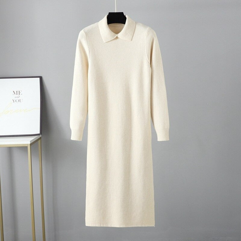Oversized Polo Collar Knitted Long Straight Sweater Dress-Soco Hoodie