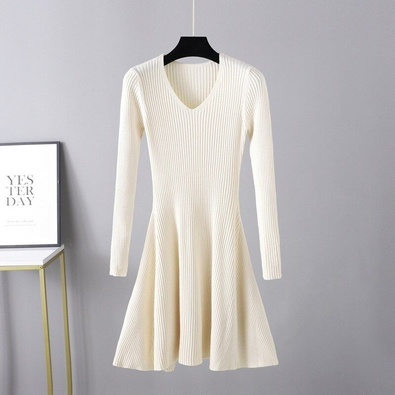 Autumn Oversize V-Neck Knitted Sweater Dress For Women-Soco Hoodie