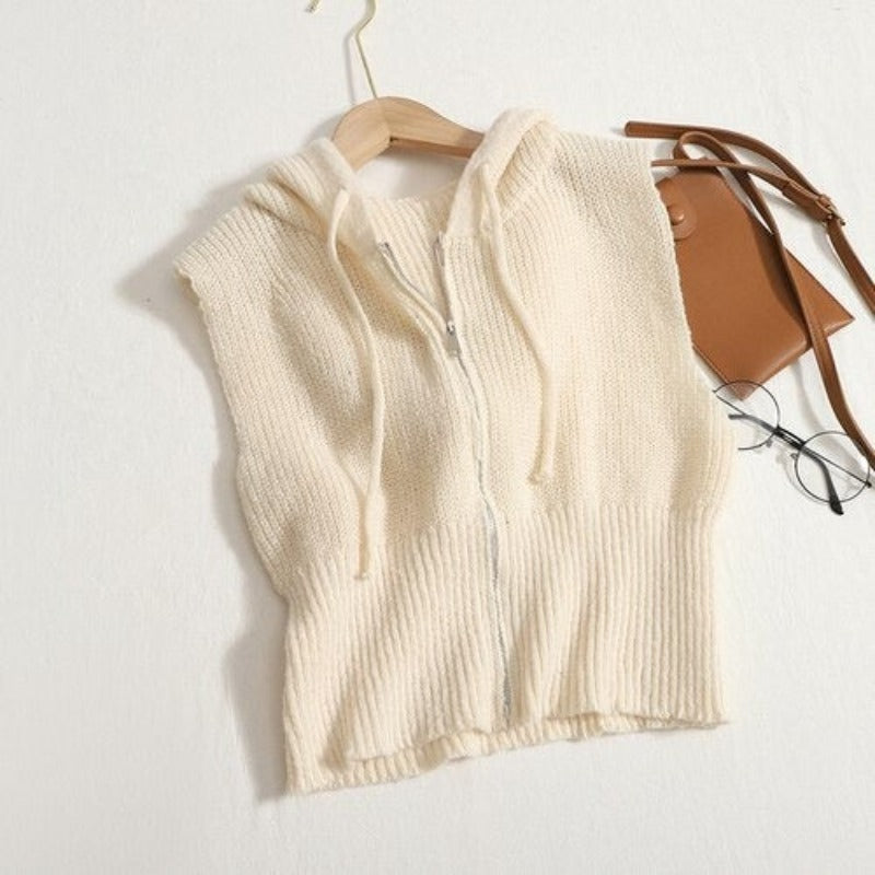 Loose Knitted Hooded Zipper Sweater Vest For Women-Soco Hoodie