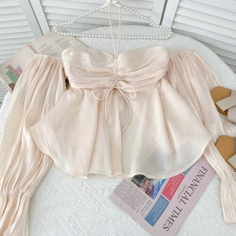 Stylish Pleated Drawstring Lace Off-Shoulder Shirt Blouses For Women-Soco Hoodie