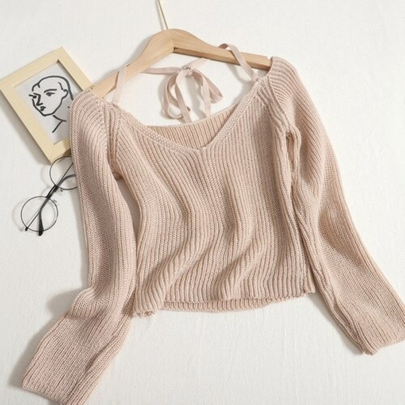 V-neck Long-Sleeved Knitted Crop T-Shirts For Women-Soco Hoodie