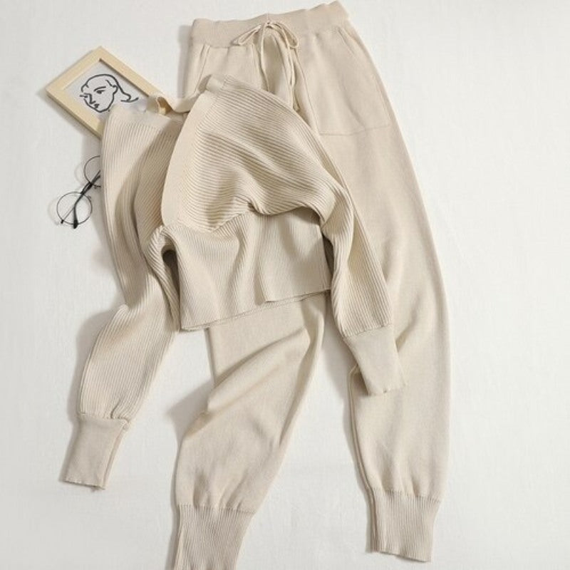 Casual V-Neck Waist Knit Women Sweater Set-Soco Hoodie