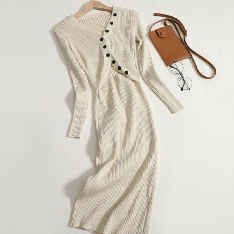 Elegant Hollow Out V-neck Long Sweater Dress For Women-Soco Hoodie