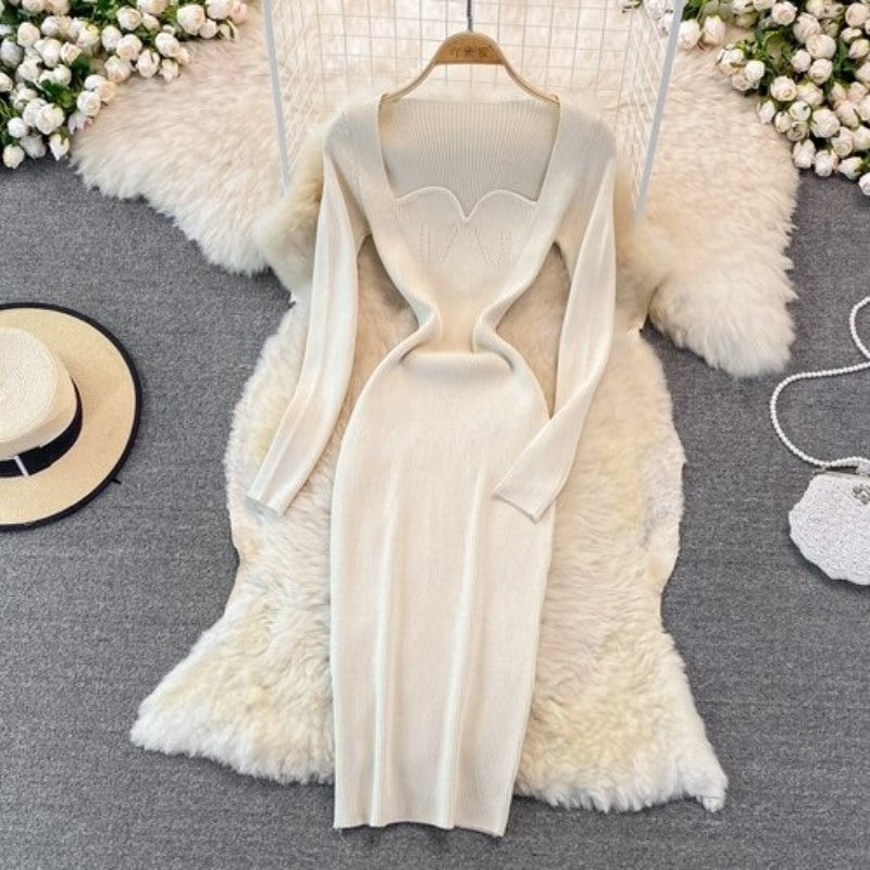 Elegant Low Neck Tight Stretch Knit Dress For Women-Soco Hoodie