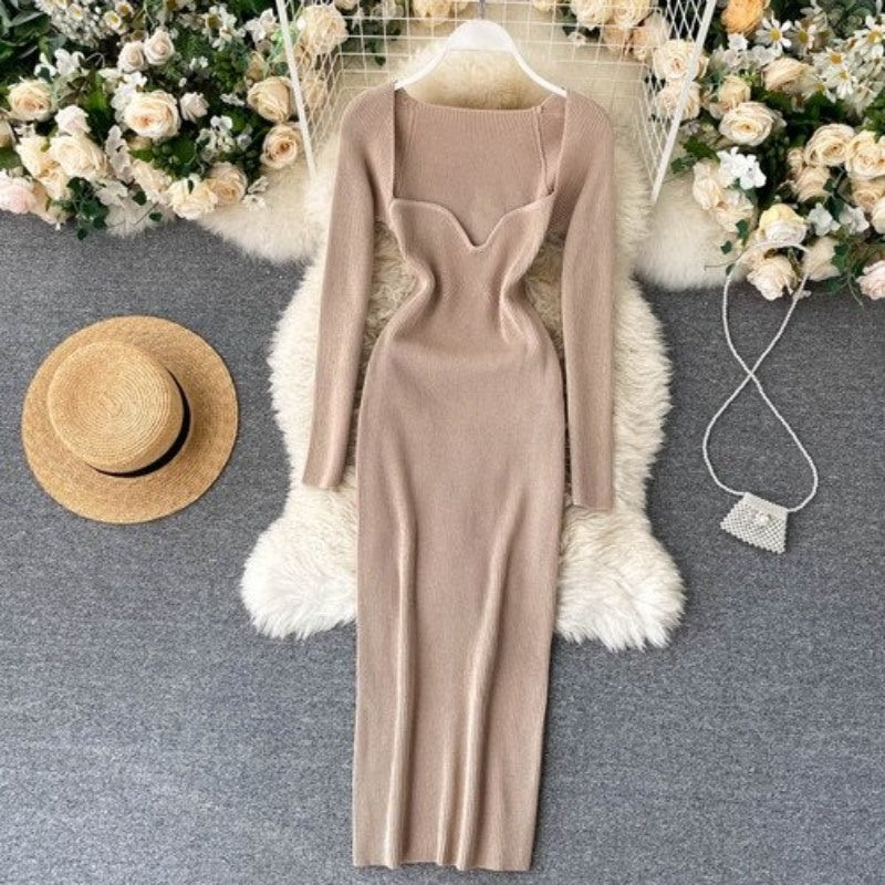 Elegant Low Neck Long Sleeve Dress For Women-Soco Hoodie