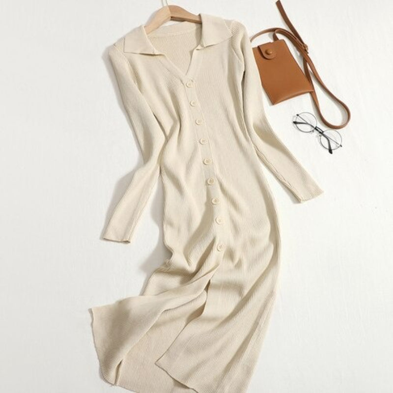 Button Down Elastic Knitted Sweater Dress-Soco Hoodie