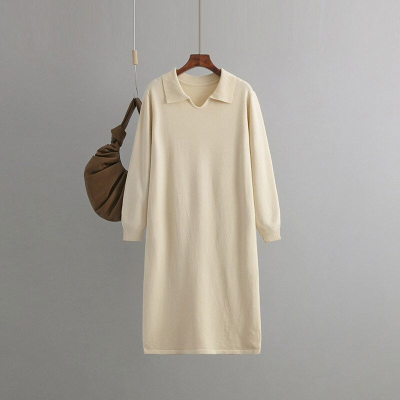Polo Neck Loose Oversized Knitted Sweater Dress-Soco Hoodie