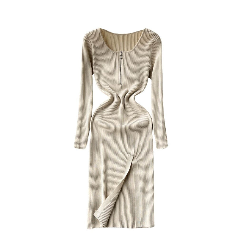 Slim Fit Knitted Long Sleeved Zipper Dress-Soco Hoodie