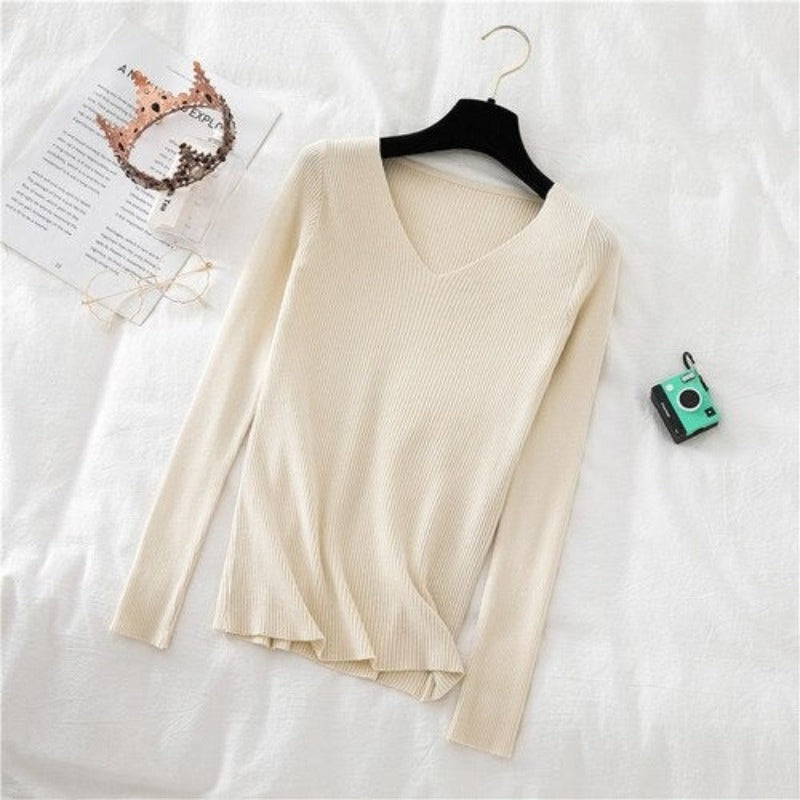 V-Neck Long-Sleeved Woolen Knitted Pullover For Women-Soco Hoodie