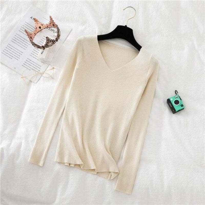 V-Neck Long-Sleeved Woolen Knitted Pullover For Women-Soco Hoodie