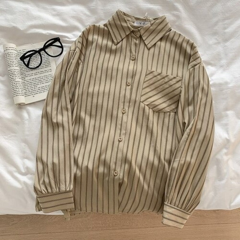 Korean Vertical Striped Long-Sleeved Shirt For Women-Soco Hoodie