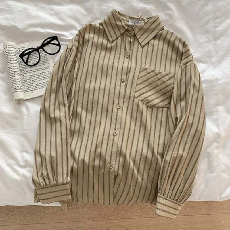 Korean Vertical Striped Long-Sleeved Shirt For Women-Soco Hoodie