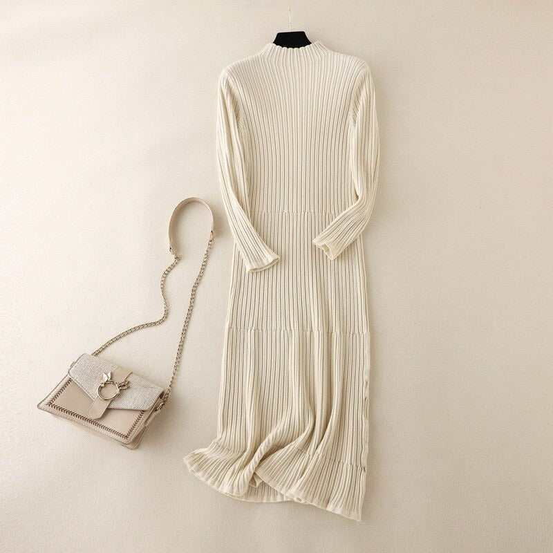 Pleated Mock Neck Knitted Sweater Dress-Soco Hoodie