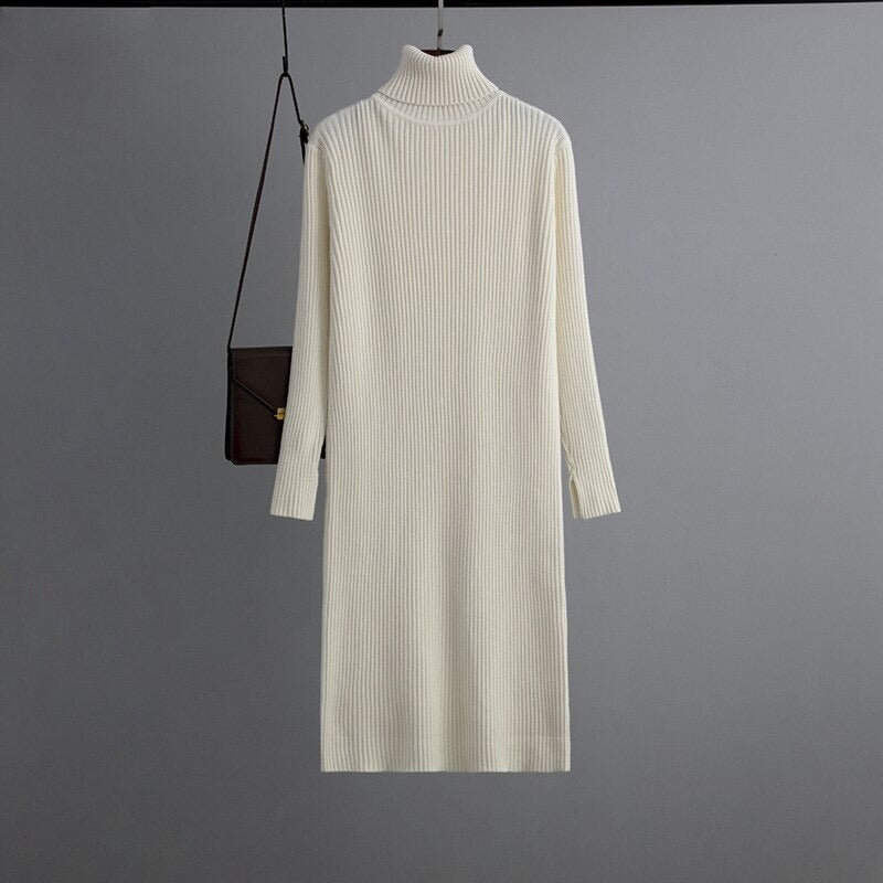 Turtleneck Ribbed Sweater Long Dress-Soco Hoodie