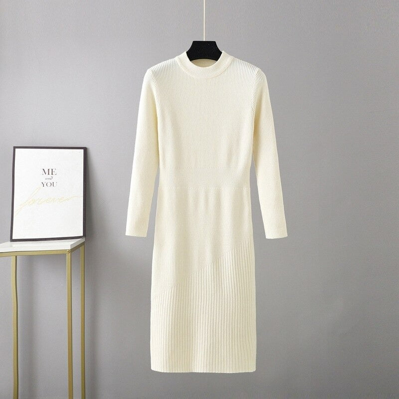 Half Turtleneck Over-The-Knee Fit Knitted Sweater Dress-Soco Hoodie